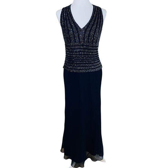 Vintage JKARA New York Size 10 Beaded Formal Evening Maxi Dress Navy Blue - Picture 1 of 10
